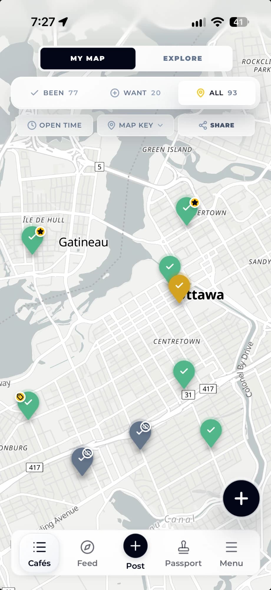 My Map in Brew Routes with 77 cafés been to and 20 saved to try around Ottawa
