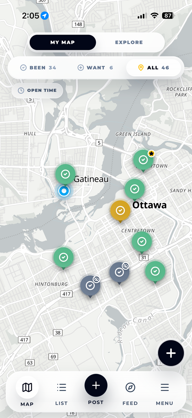 A personal Brew Routes map of been and want-to-try cafes